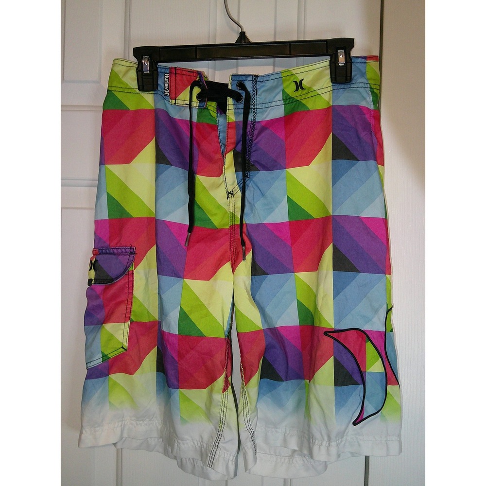 Vintage Hurley Board Shorts Colorful Geometric Print Swim Trunks Beach Surf 32
